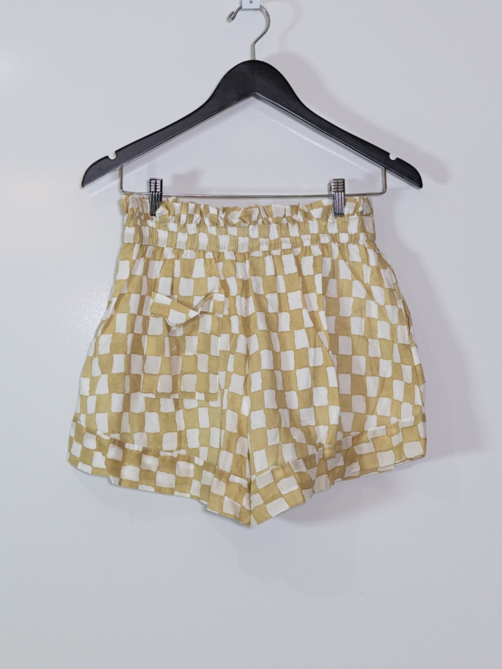 Cleobella Organic Cotton Pull On Checkered Gingham Print Mini Shorts Honey Small - Picture 4 of 4